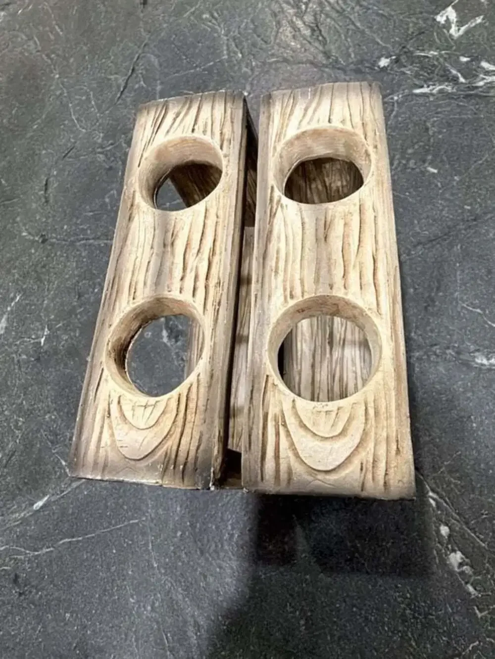 Rustic Faux Wood Carved Two-Hole Votive Candle Holder Set